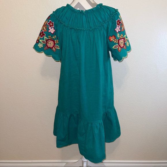 Bright Green Floral Embroidered Short Sleeve Tassel Tie Neck Flare Pocket Dress - Picture 8 of 17